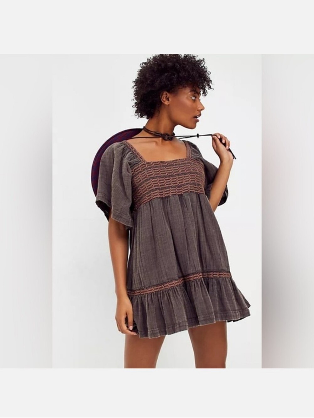 Free People Brown Easy To Love Bubble Mini Dress Smocked Gauzey Embroidered XL